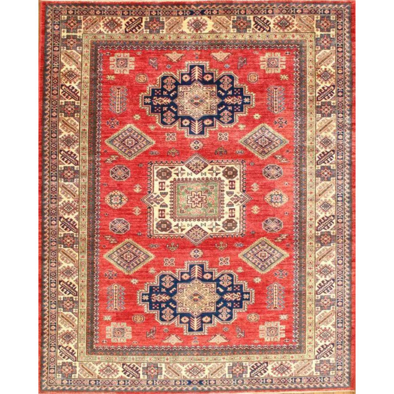 Tapis oriental rouge / beige en coton / laine 8 pi 1 po x 6 pi 7 po Oriental