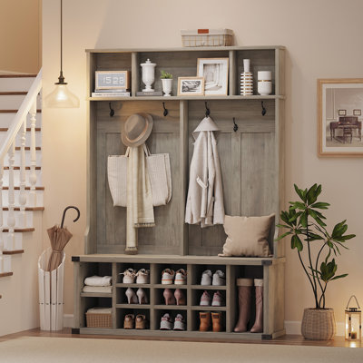 Très grand portemanteau d'entrée 51 po avec banc et rangement pour chaussures | 13 casiers à chaussures, tablettes réglables, 6 crochets, portemanteau d'entrée, gris