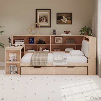 L-shaped Wooden Daybed with Desk and Storage Bookcase by Lark Manor