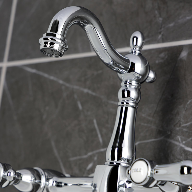Kingston Brass Heirloom Double-Handle 2-Hole Wall-Mount Bridge Kitchen Faucet, Polished Chrome