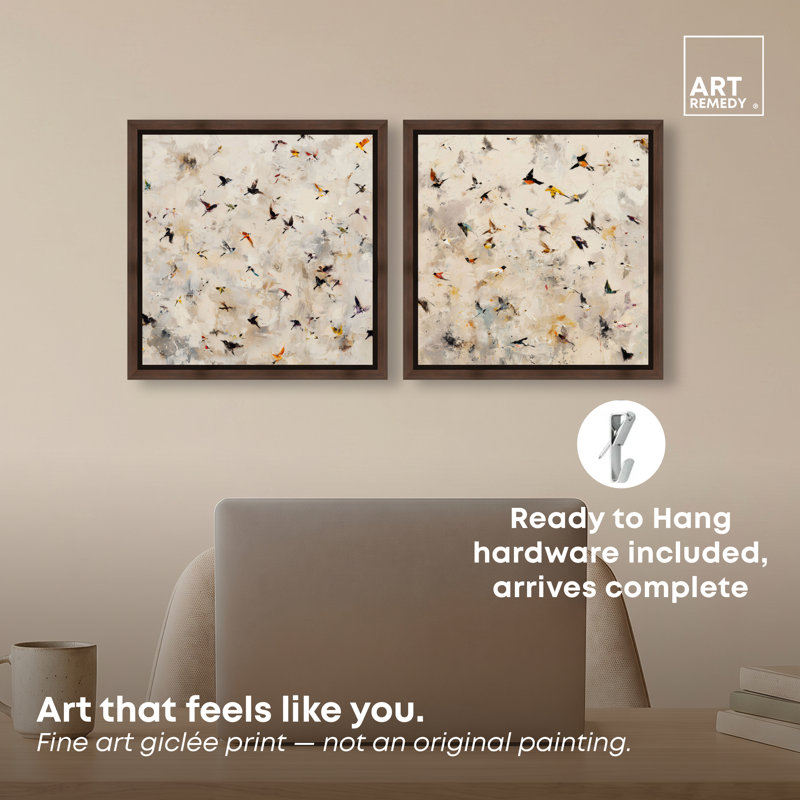 «Feathered Echoes Duo», ensemble de décorations murales Boho par Art Remedy, cadre en noyer, 12 x 12, H 13 po x l 13 po