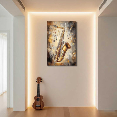 Musique, toile, art mural, photos de saxophone, studio de musique, décoration, instruments de musique, affiches, notes de musique, impressions sur toile pour salle de classe, encadrée (brun, (36L x 24W))