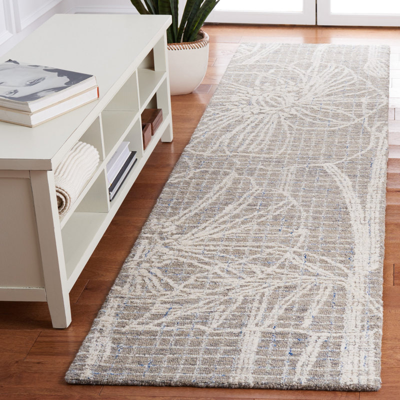 Tapis floral beige / ivoire en laine / coton touffeté à la main Hayan, Tapis de couloir 2 pi 3 po x 9 pi