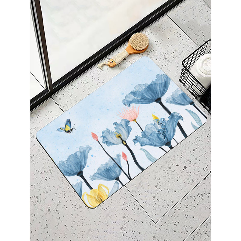 Tapis de bain bleu aquarelle coquelicots, 16 x 24 po, Coquelicots bleu / jaune