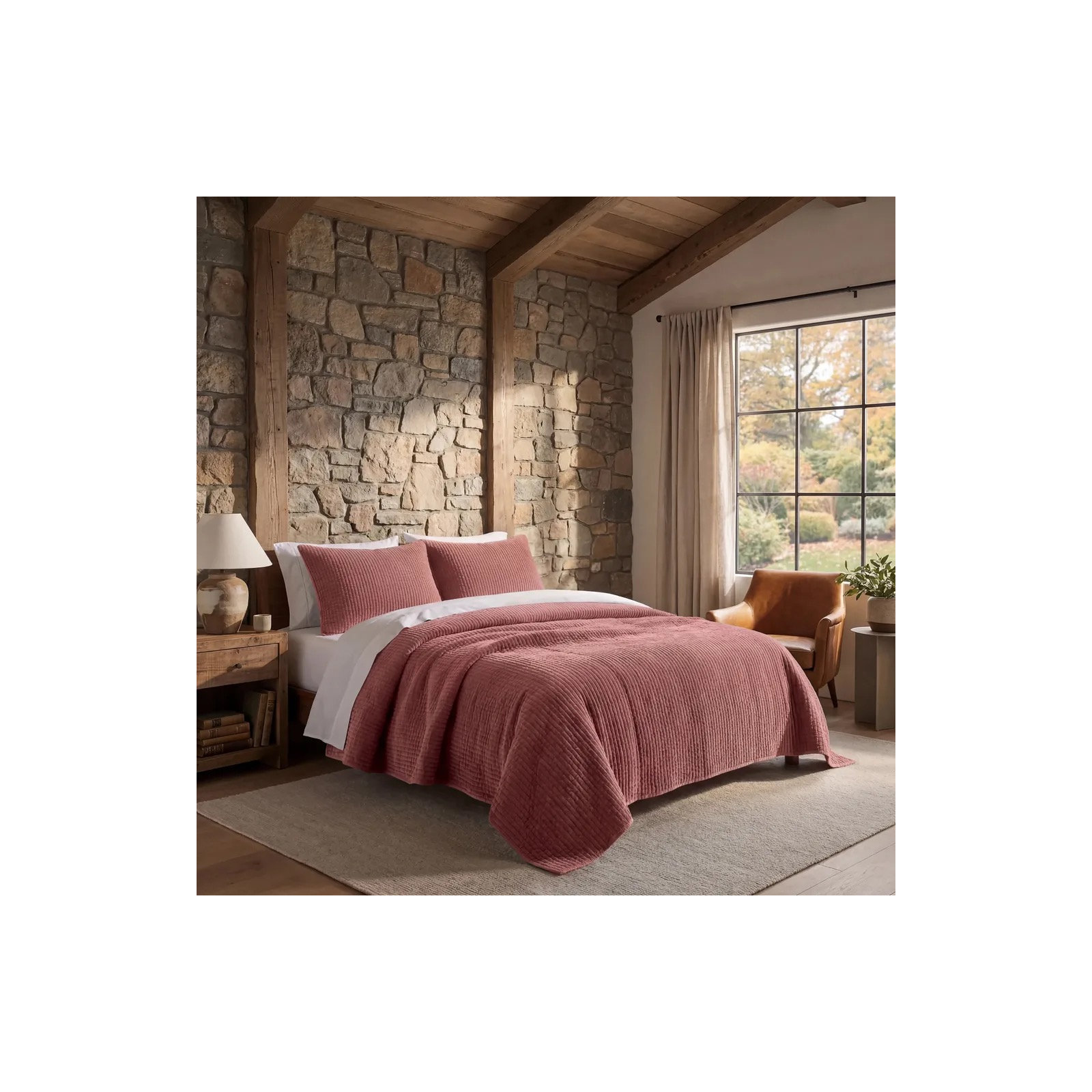 Stone Washed Stonewashed Cotton Modern Rustic 3 Piece Quilt Set, Full/Queen Quilt + 2 Standard Shams, Salmon