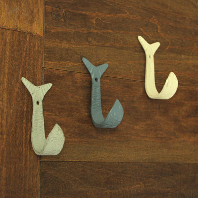 Coastal cast iron flipping fish wall hooks in blue, gray, and white, set of 3, 4 inches high