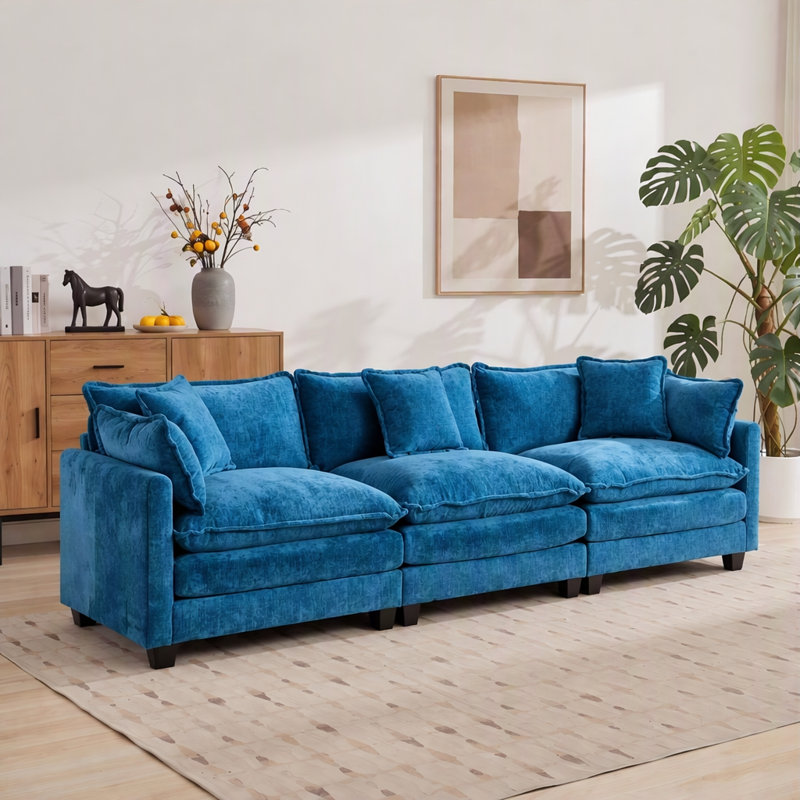 Canapé d'angle en chenille de 114 po, Chenille bleu, H 33 po x l 114 po x P 35 po