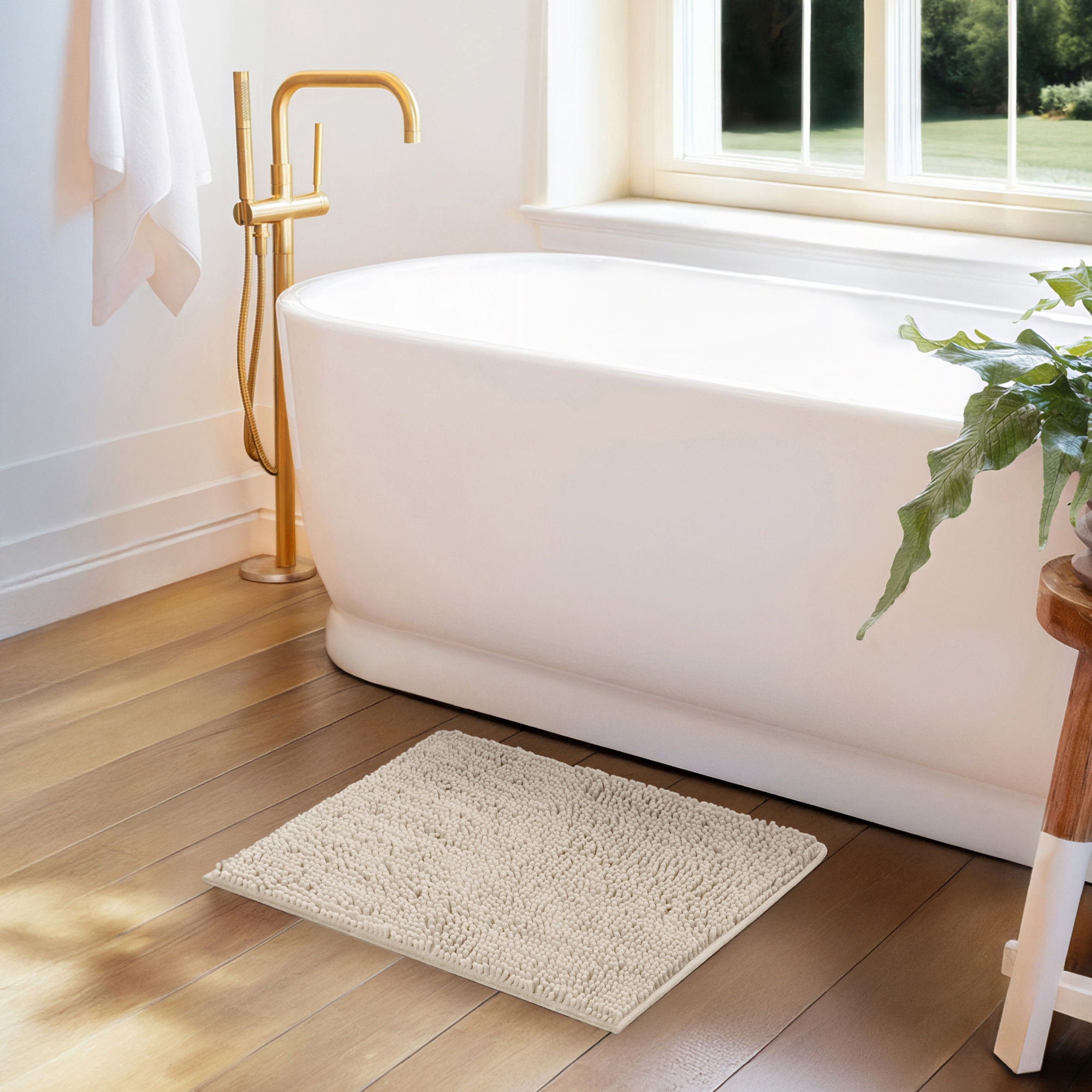 Soft Absorbent Chenille Bath Mat Rug with Anti-Skid Rubber Backing, Ivory, 24" L x 17" W
