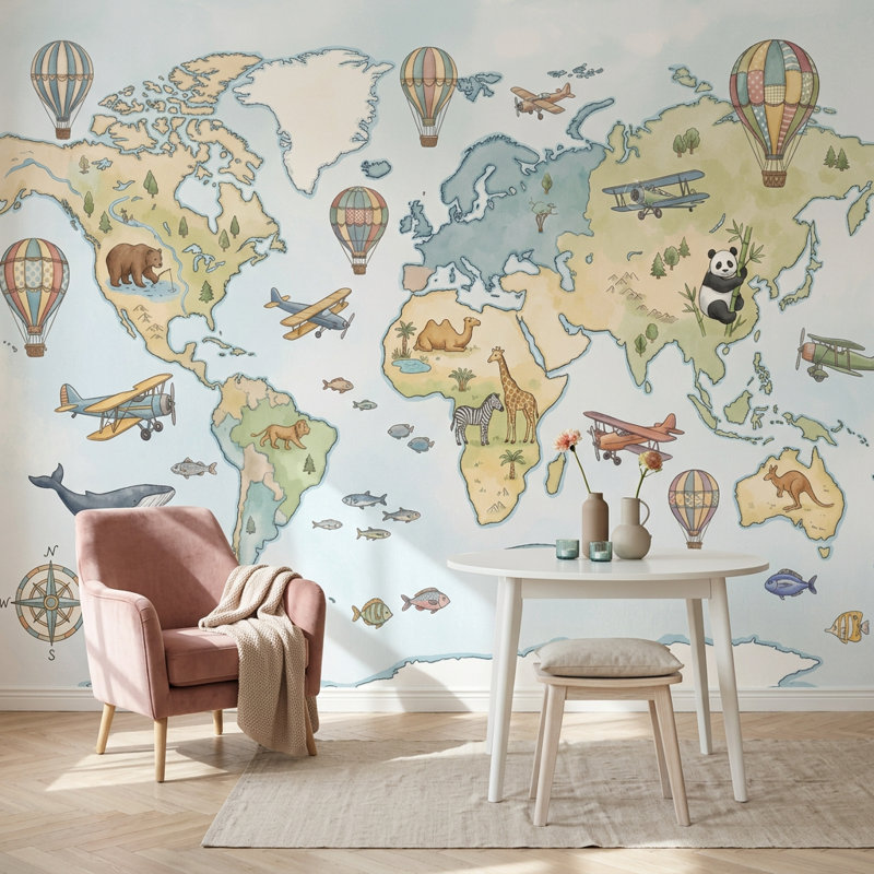 Papier peint carte du monde amovible pour chambre d'enfant, 140 po x 108 po, Peel and Stick
