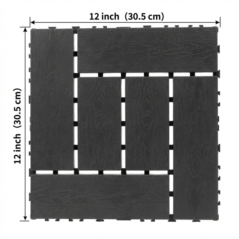 44 tuiles de plancher à emboîtement de 44 po de type ZZ 12 po, verrouillage par encliquetage sans outil, PP épaissi robuste, texture de grain de bois unique, drainage de fond creux
