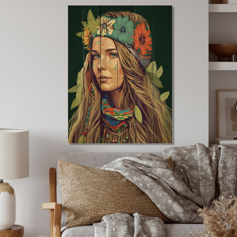 Contemporary Bohemian Woman VII - Boho Woman Print on Natural Pine Wood, 32" H x 24" W x 0.78" D