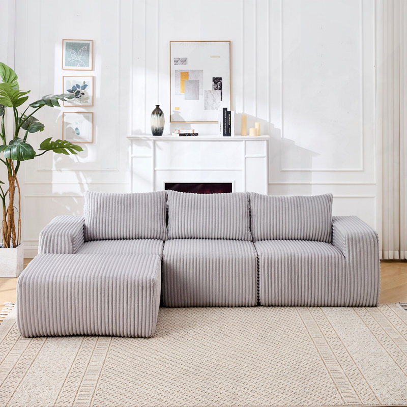 L-Shape Upholstered Cloud Couch with Deep Seats, Light Grey Polyester
