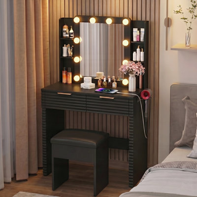 Fluted Lighted Dressing Vanity with 10 Hollywood Bulbs and Integrated Charging Station, Comes with 2 Drawers, 4 Open Shelves, Hairdryer Rack and Storage Padded Stool