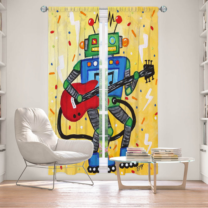 Ensemble de 2 rideaux doublés pour fenêtre par nJoy Art - Rock N Roll Robot, L 20 po x L 52 po