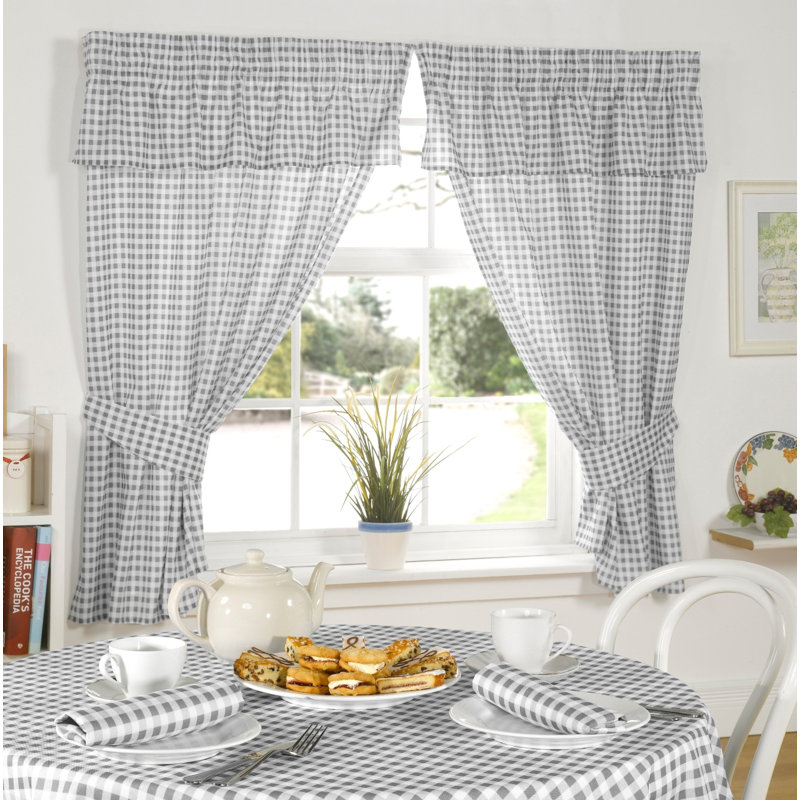 Molly Gingham Ruffled Kitchen Curtain, Charcoal, Width 116 x Drop 107 cm