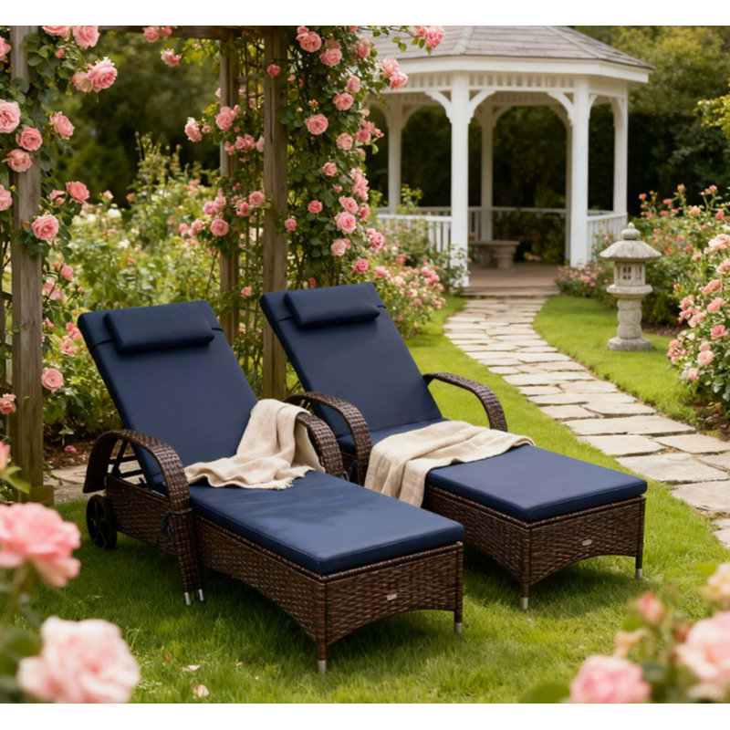Rolling Outdoor Chairs,2 Reclining Chaise Lounge Chairs,With Cushion, Pillow, Headrest, Armrests, And Wheels, Dark Blue, 2