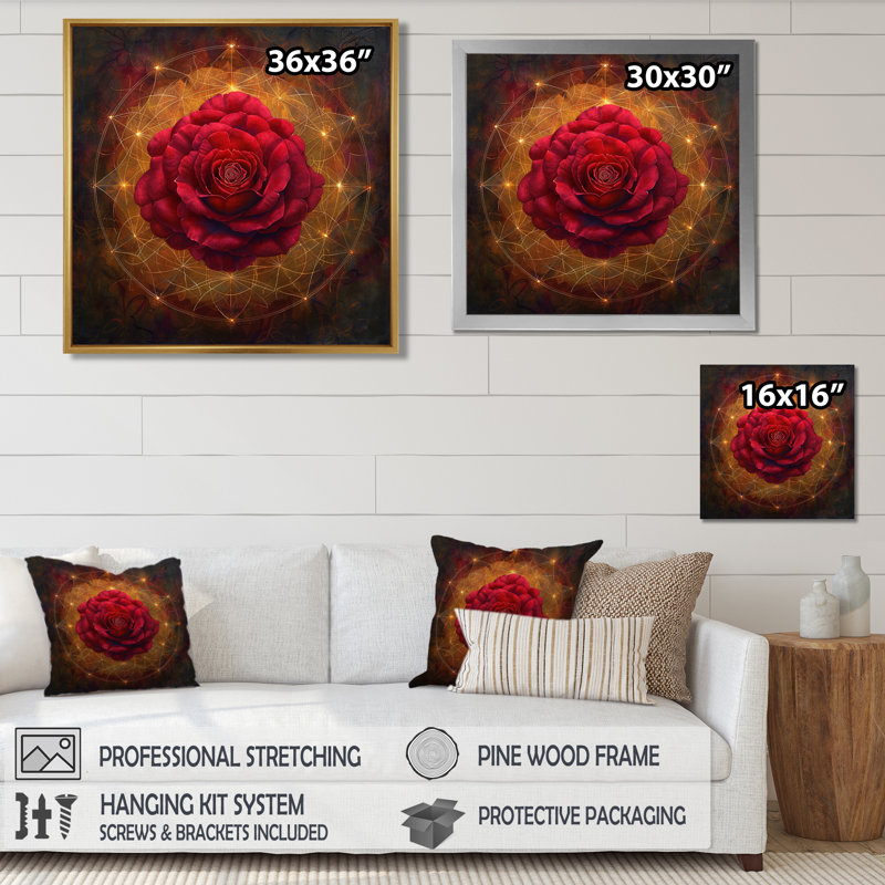 «Red Rose Sparkling Geometric Light», reproduction d'art murale rose, Toile avec cadre flottant brun