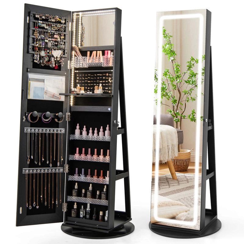 360° Swivel Jewelry Cabinet Organizer 3-color Led Mirror With Built-in Lights, Black