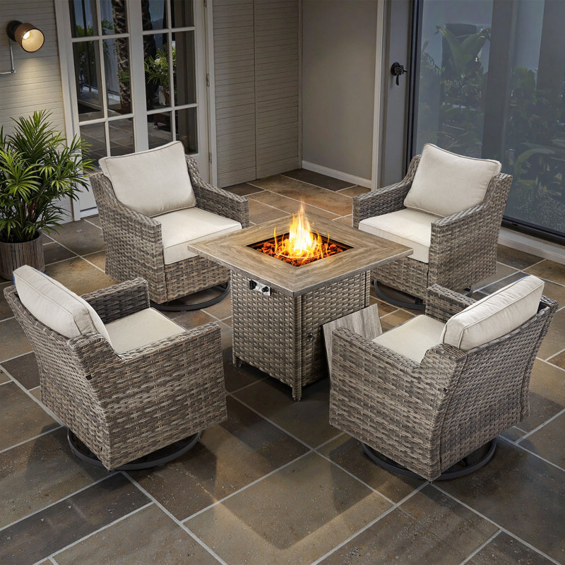 4 - Person Outdoor Conversation Furniture Set Seating Group With Fire Pit Table, Beige, 5 Pieces:4 Chairs, Fire Pit