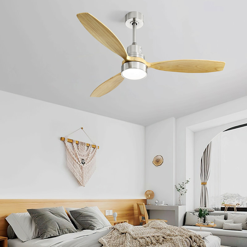 Ventilateur de plafond à DEL intégré de 52 pouces avec lumière et pales en bois massif télécommandées pour le salon