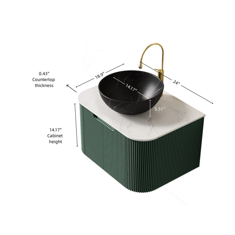 Meuble-lavabo 24 po, armoire de salle de bain en contreplaqué rayé à bords arrondis avec tiroir, vasque en céramique noir mat et plateau en pierre frittée, pré-assemblé