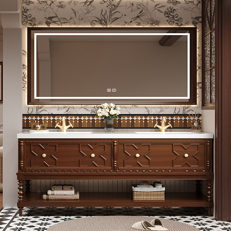 Retro and medieval style bathroom cabinet, 32.28" H x 74.8" W x 21.65" D