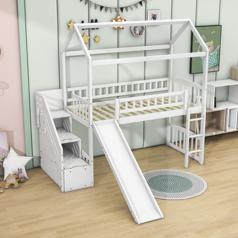 Twin Size Wooden Loft Bed with Slide and Storage, White