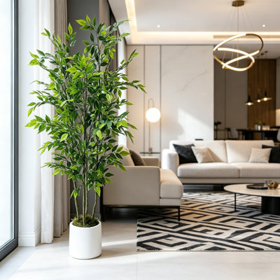 Arbre à ficus artificiel de 5 pi de hauteur avec pot à fleurs en plastique blanc et mousse verte, plantes artificielles avec feuilles de soie réalistes, arbre ficus artificiel résistant aux rayons UV pour l'intérieur, la maison, le bureau et le jardin