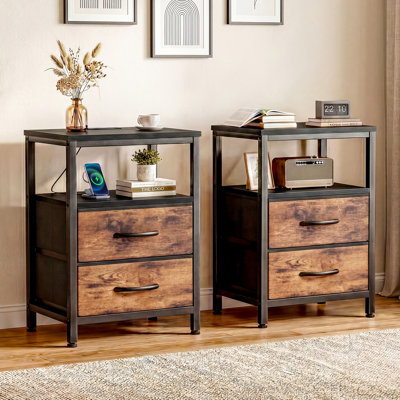 Nightstand with Charging Station and 2 Fabric Drawers, Bedside Table with USB Ports and Outlets, End Table with Open Shelf