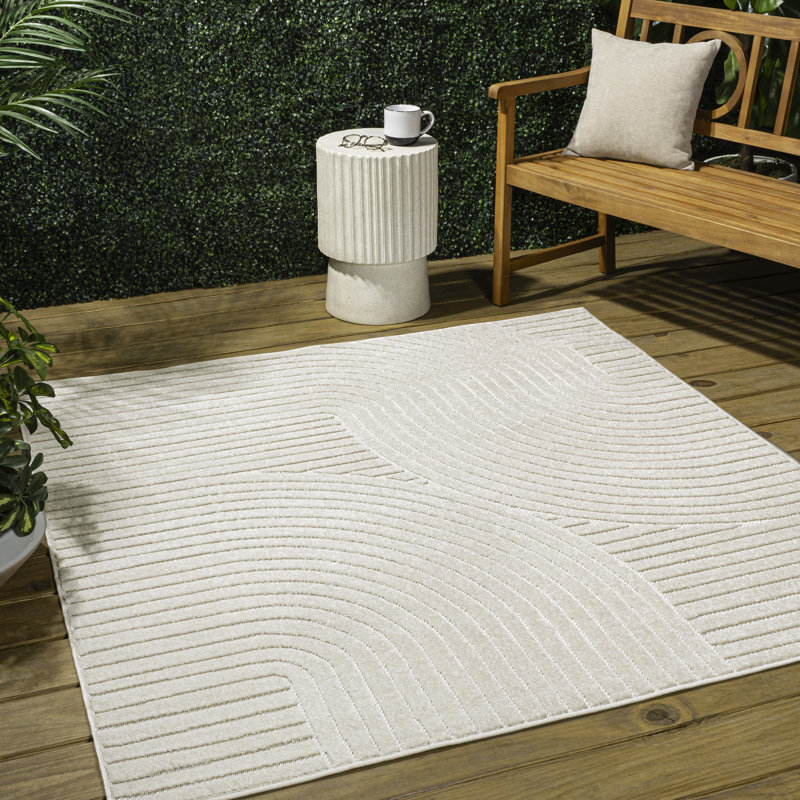 Atzi High-Low Minimalist Curve Geometric Ivory/Cream Indoor/Outdoor Rug, Square 6'