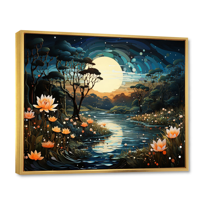 «Blue Green Pointillism River At Night III», reproduction d'art sur toile, H 12 po x l 20 po x P 1 po, Cadre flottant doré