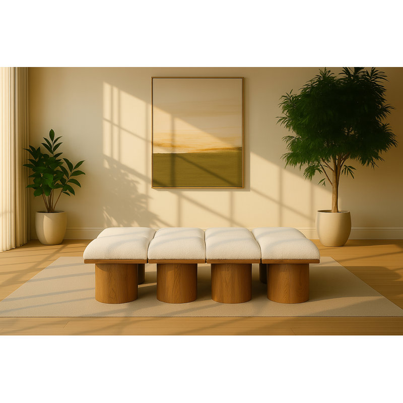 Banc rembourré Horatia, Tissu crème bouclé, Noyer brun, H 17,5 po x l 72 po x P 31 po