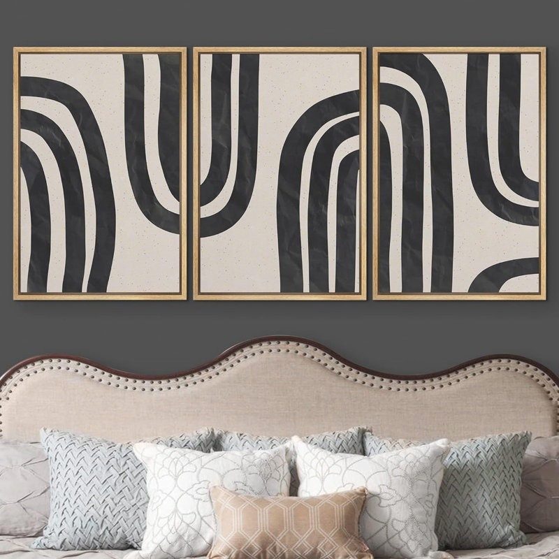 Motif géométrique en forme de ligne géométrique en spirale noire et brun clair à motif abstrait Mid-Century moderne 3 pièces