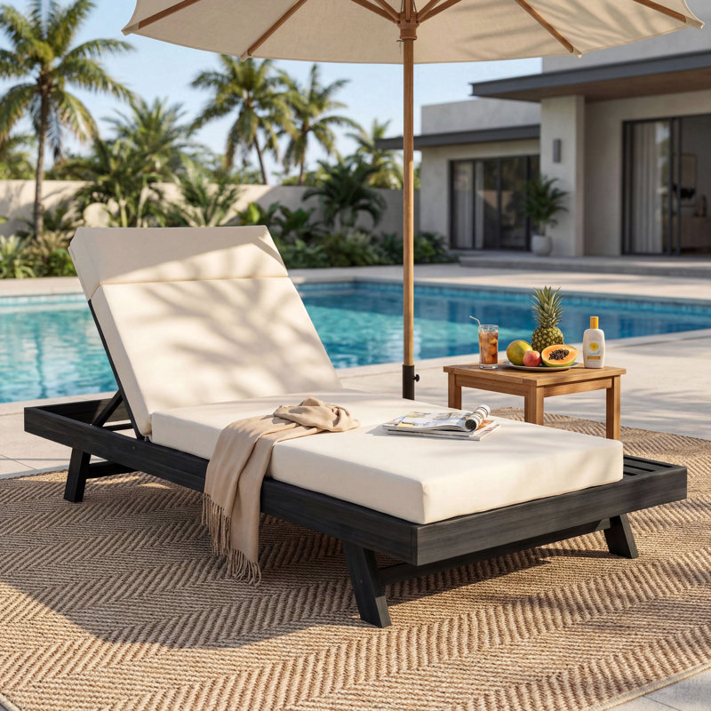 Lounge Chaise Set With Headrest, Space Available On One Side, Acacia Wood In Black With Water-Resistant Lounge Cushions (3-Fold & 4 Inch)