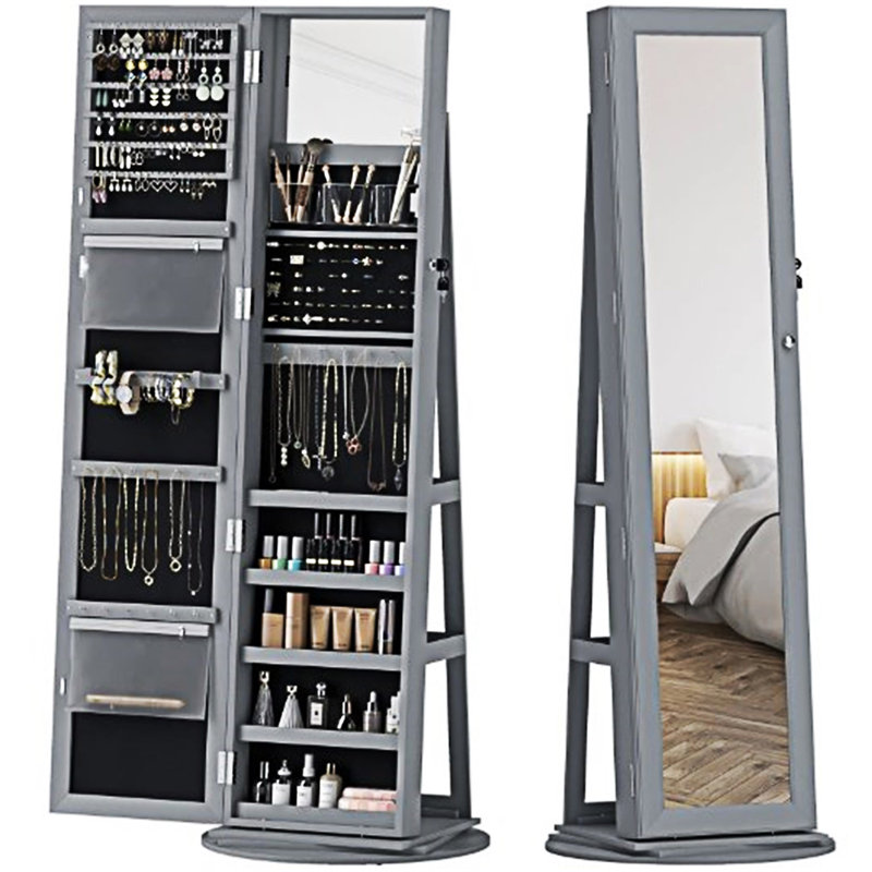 360° Swivel Full-Length Mirror With Storage Shelves, Gray