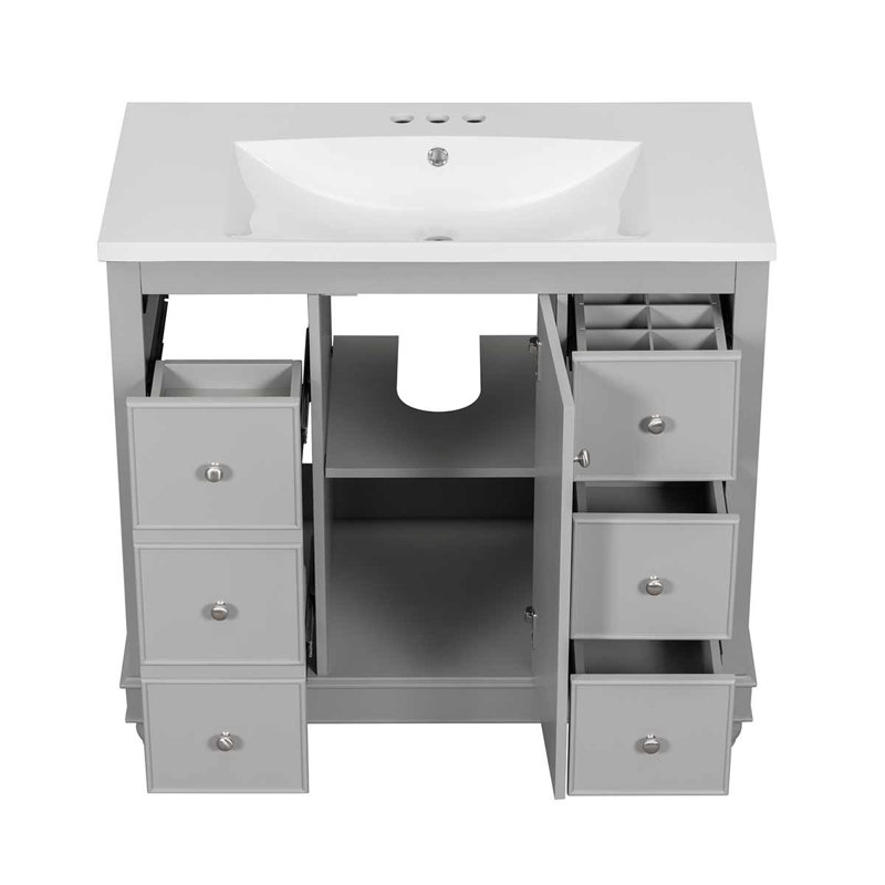 Meuble-lavabo simple 36 po avec plateau en céramique, 4 tiroirs et 1 porte, Gris