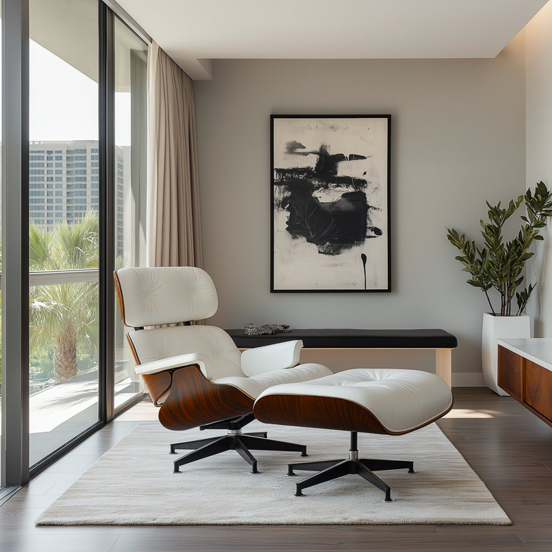 Real Leather Upholstered Accent Chair With Ottoman And Heavy-Duty Aluminum Base, White-Orange Wood