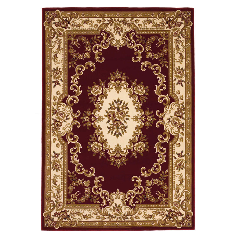 Tapis à bordure florale rouge et ivoire Reis, Rectangle de 5 pi x 8 pi