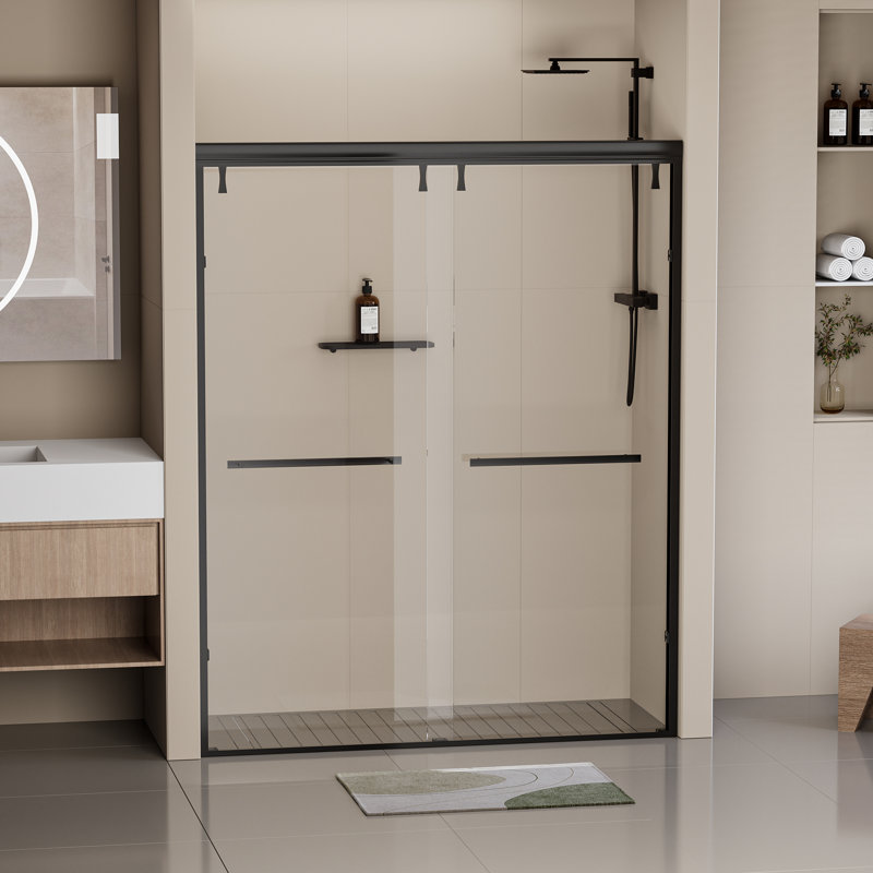 Matte Black Semi-Frameless Double Sliding Shower Door with Clear Tempered Glass