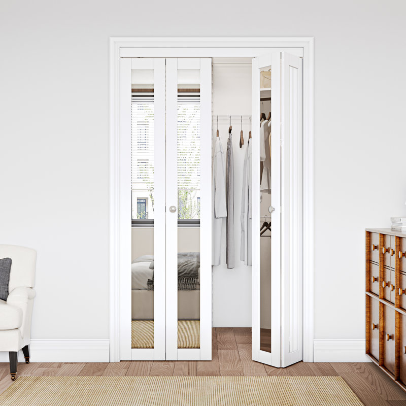 Porte en bois massif à double miroir 48 po x 80 po avec trousse de quincaillerie d'installation (garde-robe, garde-manger) blanc