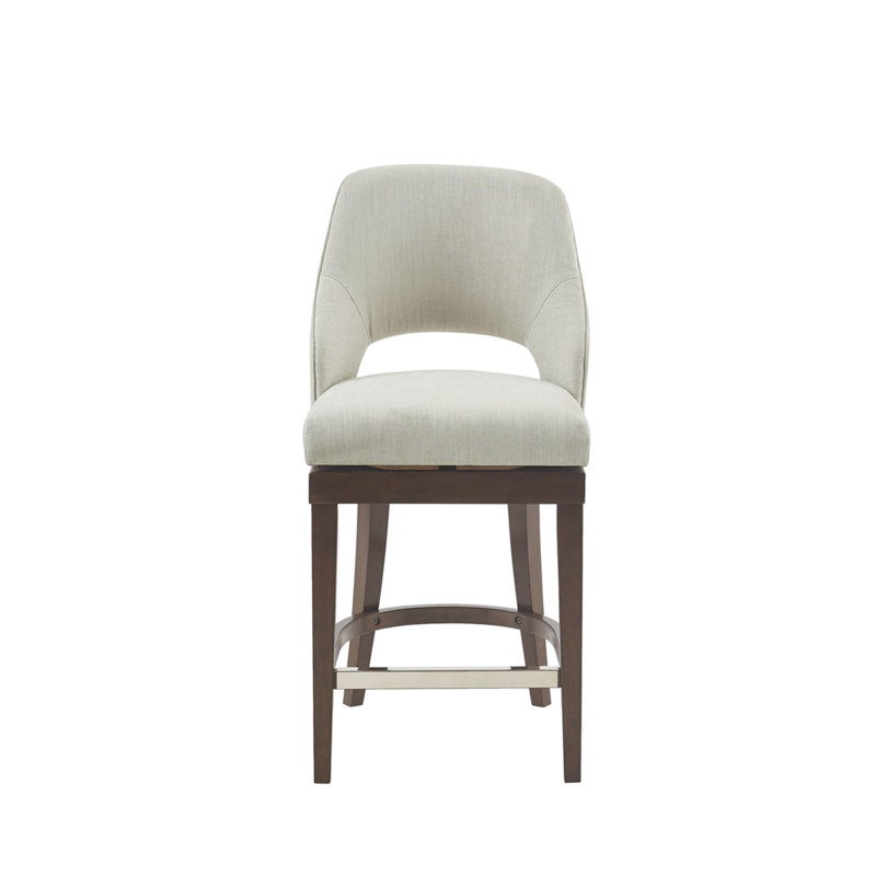 Tabouret de comptoir rotatif à 360 degrés en tissu d'ameublement crème et bois massif - Garantie de durabilité