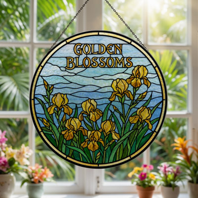 12"H Golden Blossoms Stained Glass Window Panel