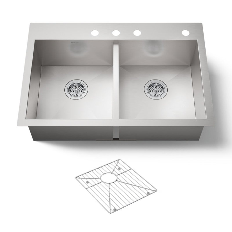 Vault Double Bowl Kitchen Sink with Single Faucet Hole, 4 Holes