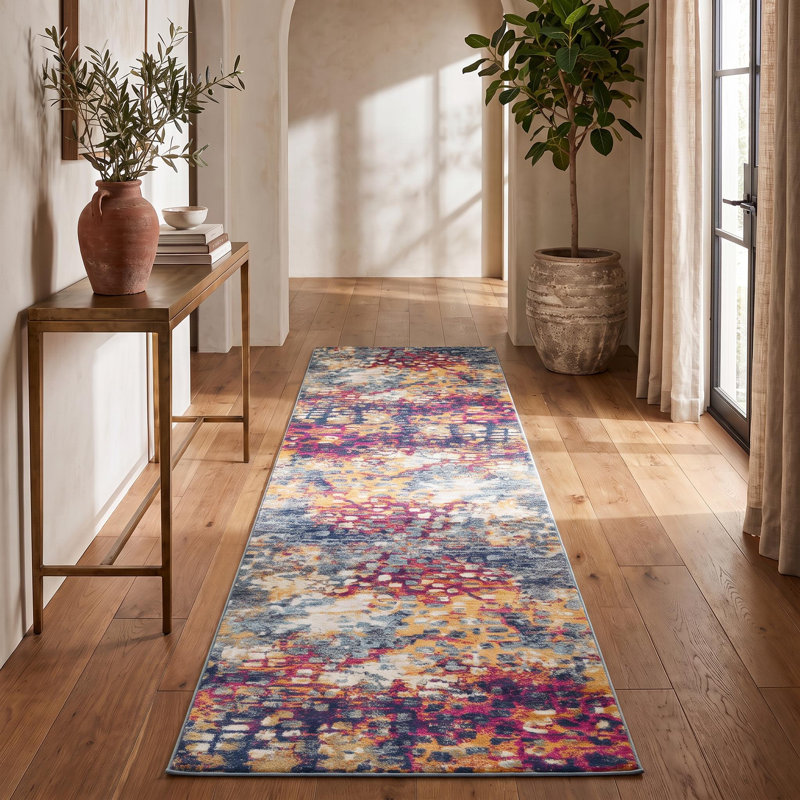 18' Yellow And Blue Abstract Runner Rug