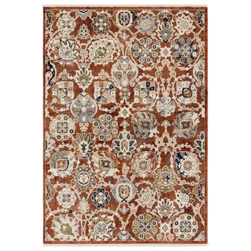 Tapis floral en polypropylène tissé à la machine en orange / crème Daltry, Rectangle de 5 pi x 8 pi