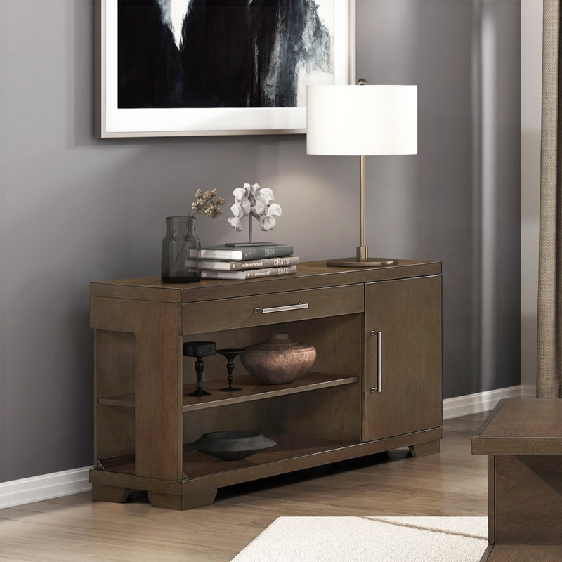 Table de canapé de style moderne avec tiroir en queue d'aronde, armoire et tablettes pour salon contemporain