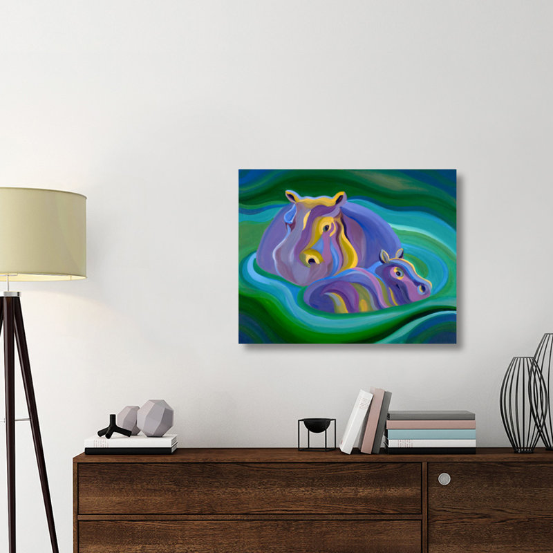 " Hippos " by Tummy Rubb Studio, 16" H x 20" W x 1.5" D, Stretched Canvas