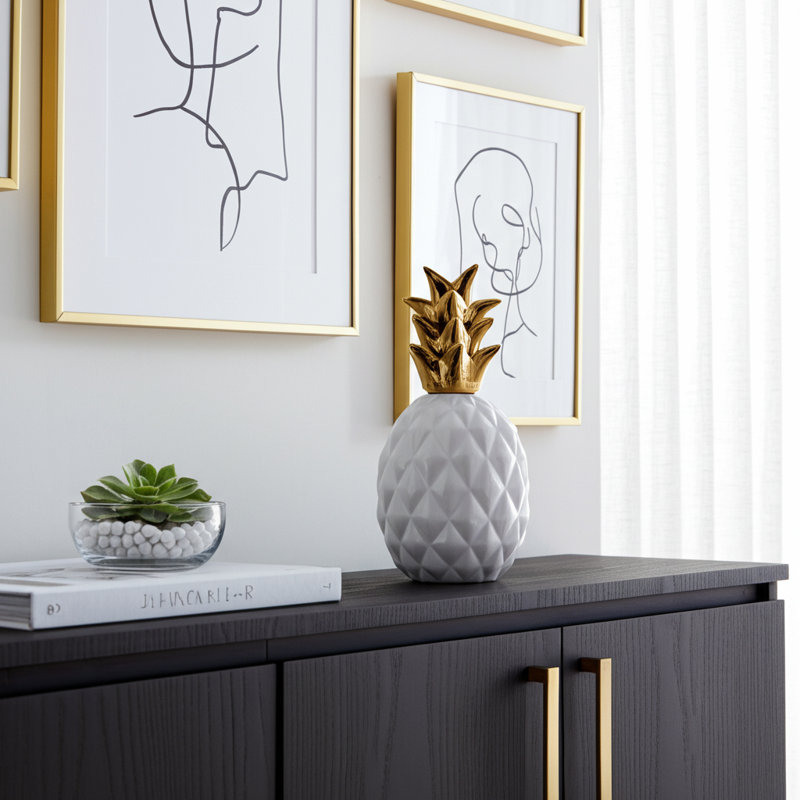 Decorative Object Stoneware Ceramic Pineapple-Inspired Sculpture with Faceted Body and Sculpted Top - Modern Accent Piece for Stylish Contemporary Interiors