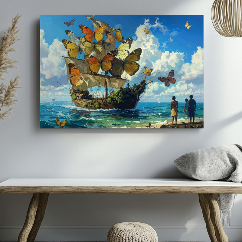 Art mural, voilier papillon, toile, nature, aventure, H 30 po x l 40 po