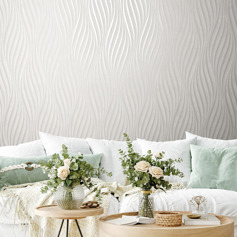 Kavalier Wave Ribbons 10.05M X 53Cm Pearlescent Sheen Wallpaper Roll, White